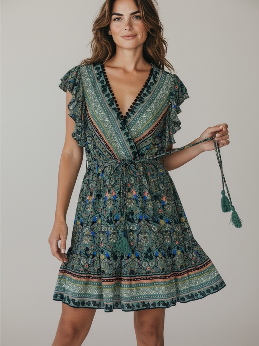 ICONE womens boho Green Floral & Stripe V-Neck Tunic Dress size large